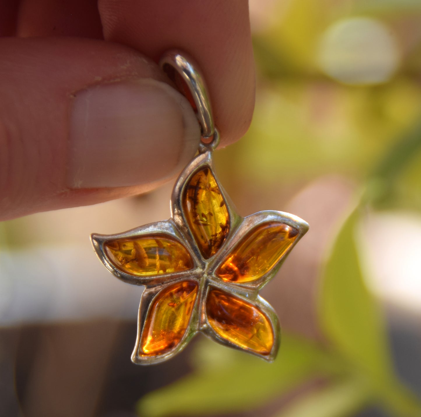 Baltic Natural Amber Flower Pendant, Sterling Silver 925, MJ Baltica, BW255
