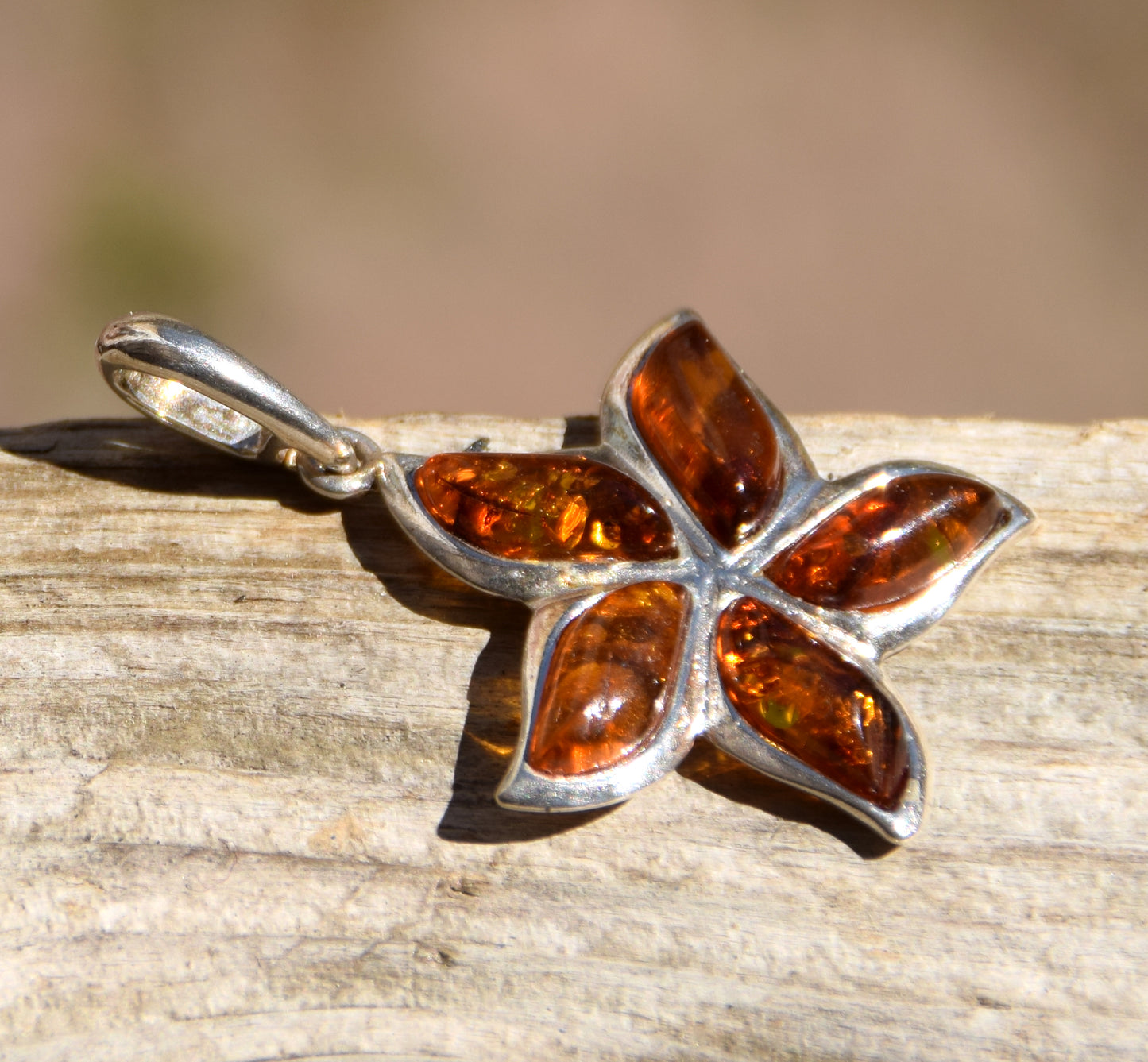 Baltic Natural Amber Flower Pendant, Sterling Silver 925, MJ Baltica, BW255