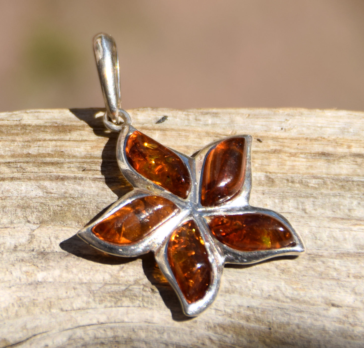 Baltic Natural Amber Flower Pendant, Sterling Silver 925, MJ Baltica, BW255
