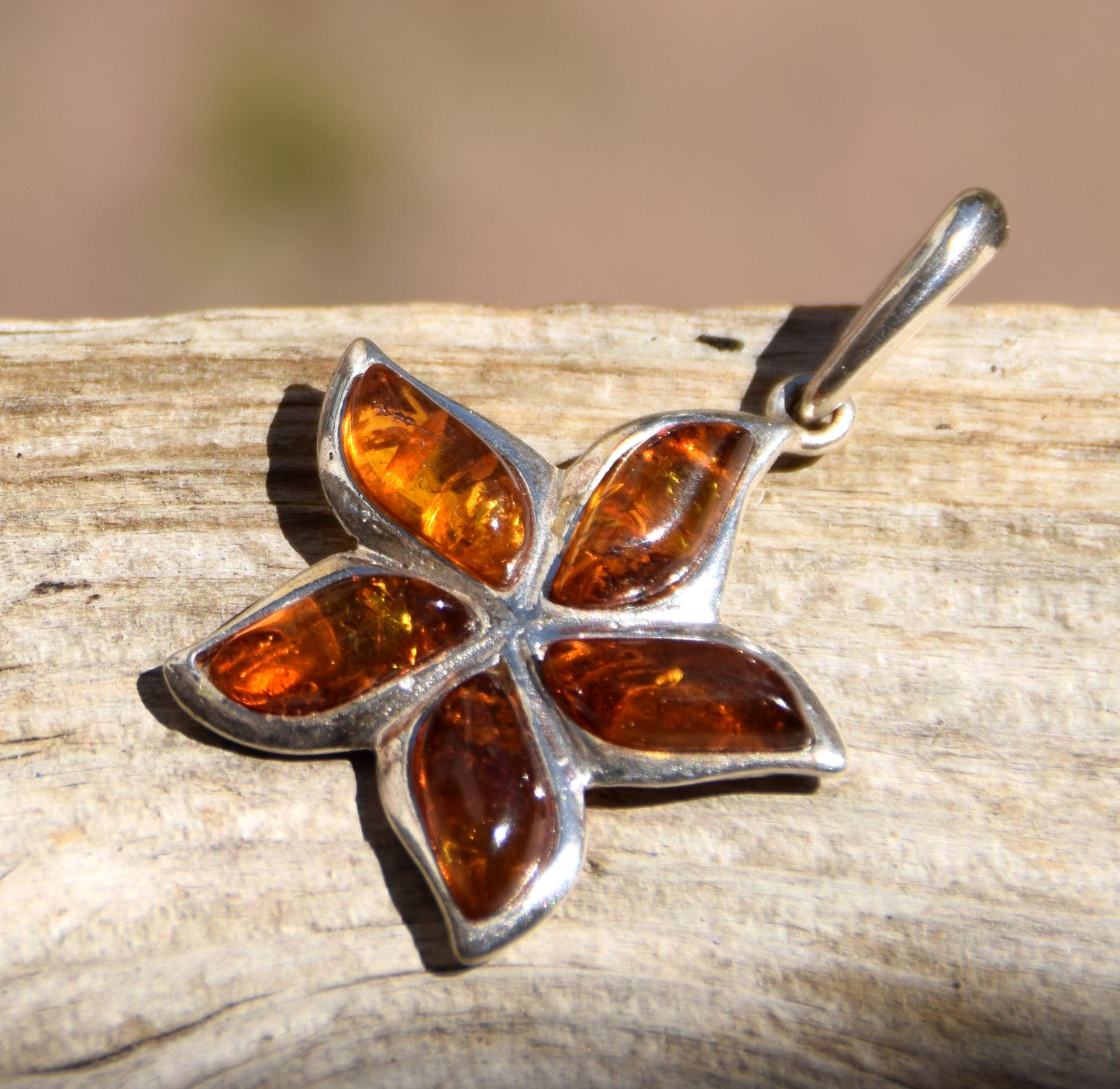 Baltic Natural Amber Flower Pendant, Sterling Silver 925, MJ Baltica, BW255
