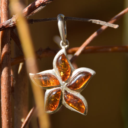 MJ Baltica, ciondolo, Ambra naturale Baltica, Argento 925, fiore, BW255