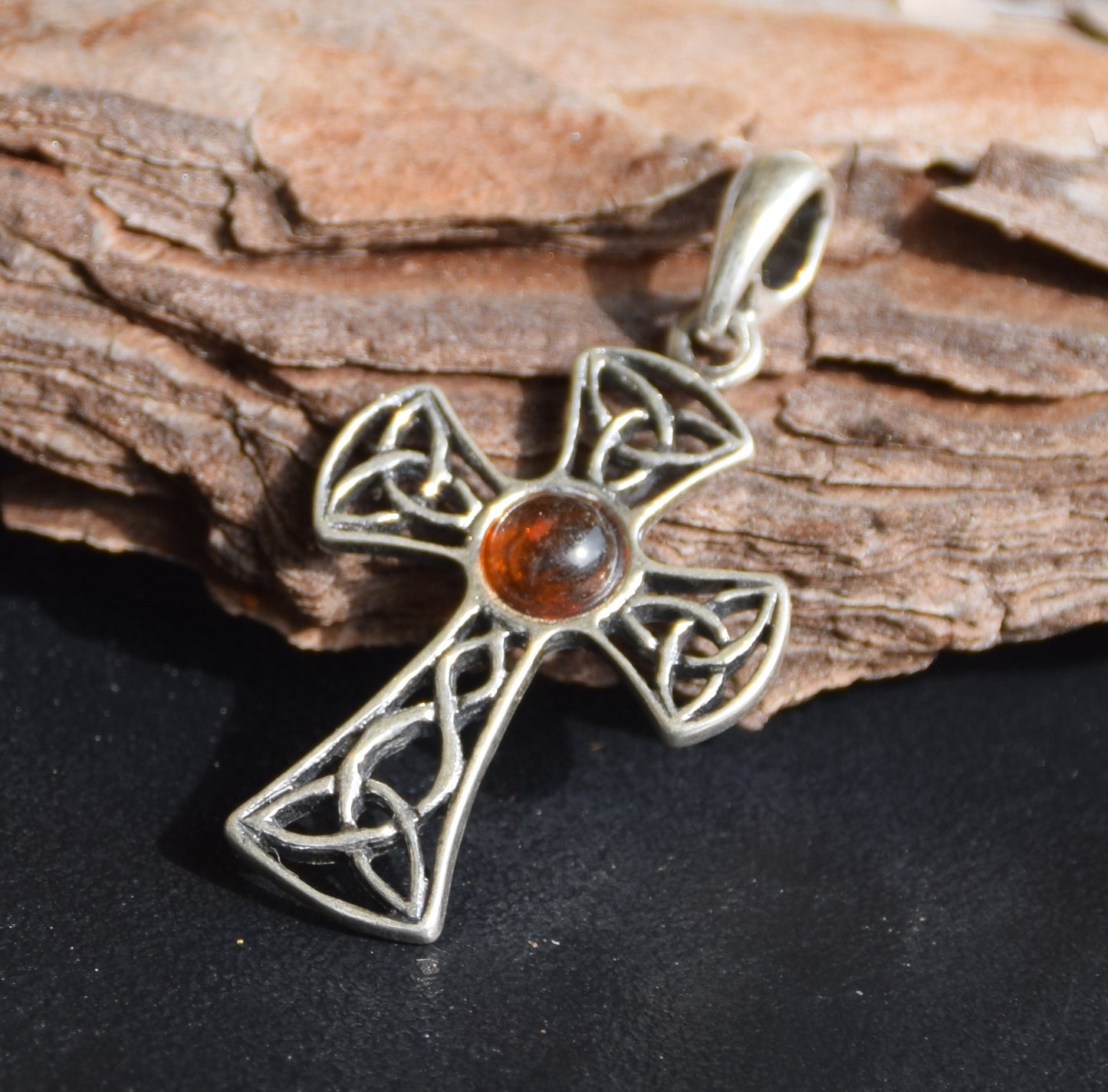 Cognac-colored natural Amber and 925 Sterling Silver Celtic cross pendant, MJ Baltica, BW258