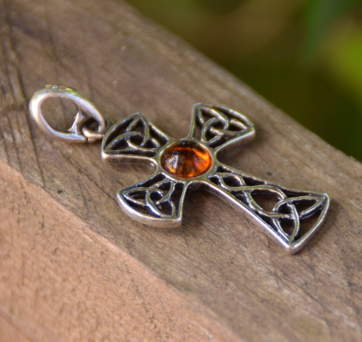 Cognac-colored natural Amber and 925 Sterling Silver Celtic cross pendant, MJ Baltica, BW258