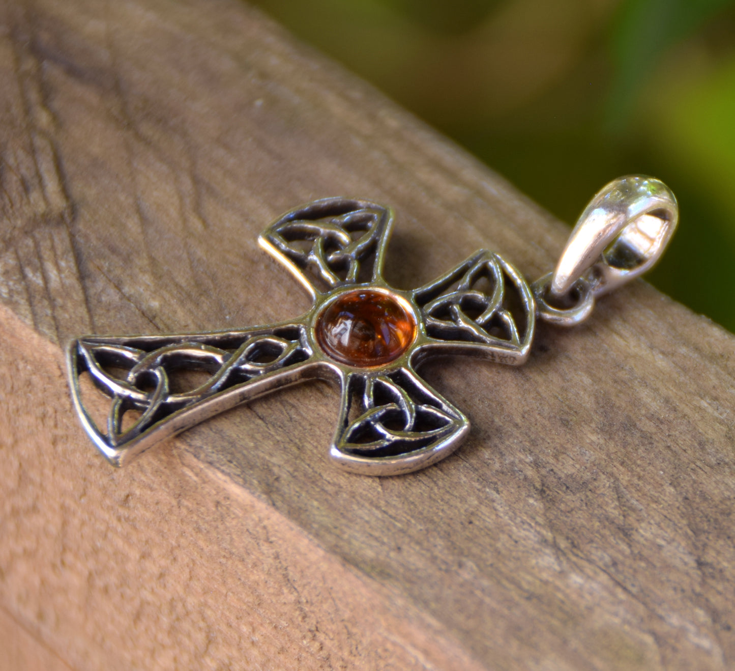 Cognac-colored natural Amber and 925 Sterling Silver Celtic cross pendant, MJ Baltica, BW258