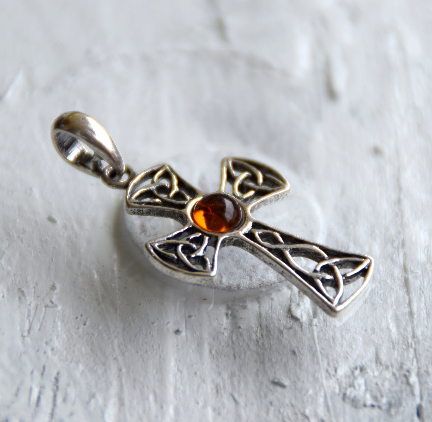 Cognac-colored natural Amber and 925 Sterling Silver Celtic cross pendant, MJ Baltica, BW258