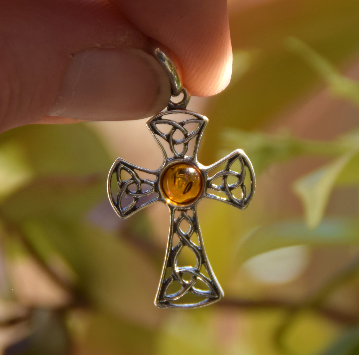 Cognac-colored natural Amber and 925 Sterling Silver Celtic cross pendant, MJ Baltica, BW258