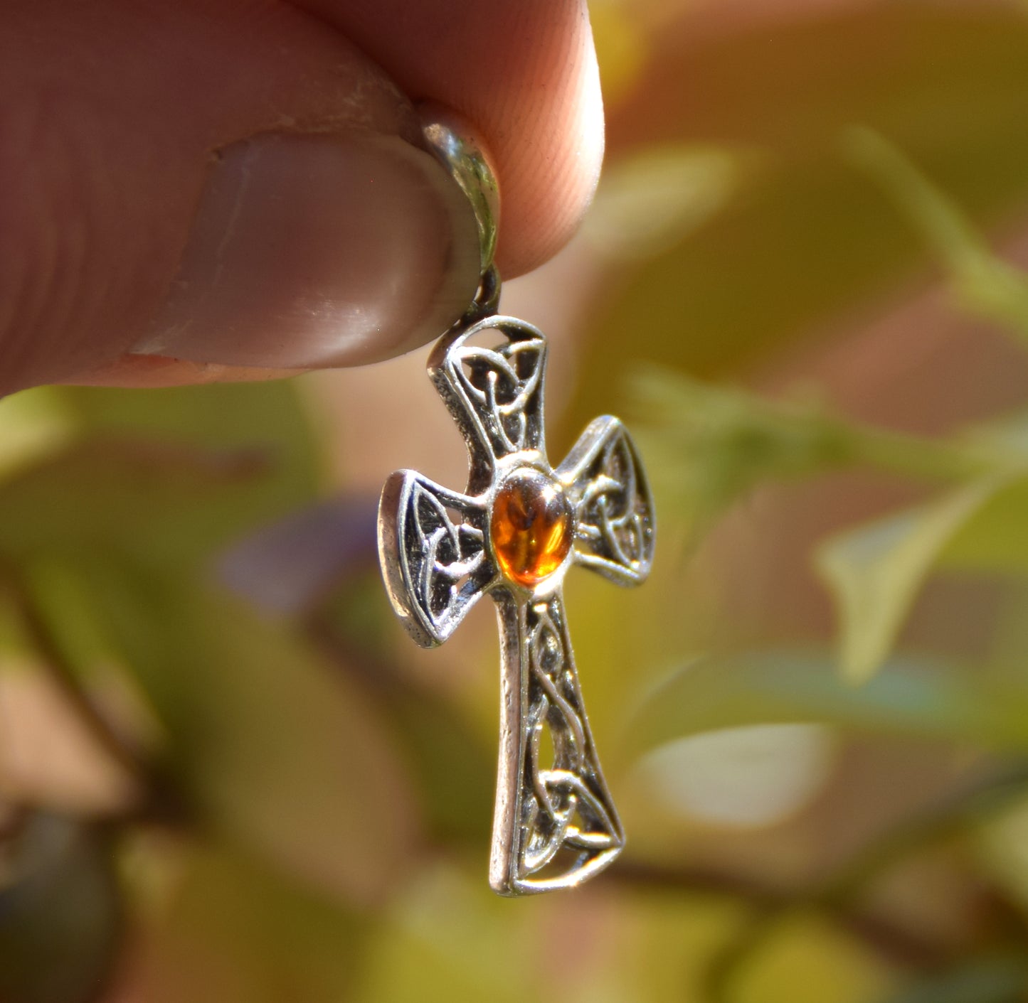 Cognac-colored natural Amber and 925 Sterling Silver Celtic cross pendant, MJ Baltica, BW258