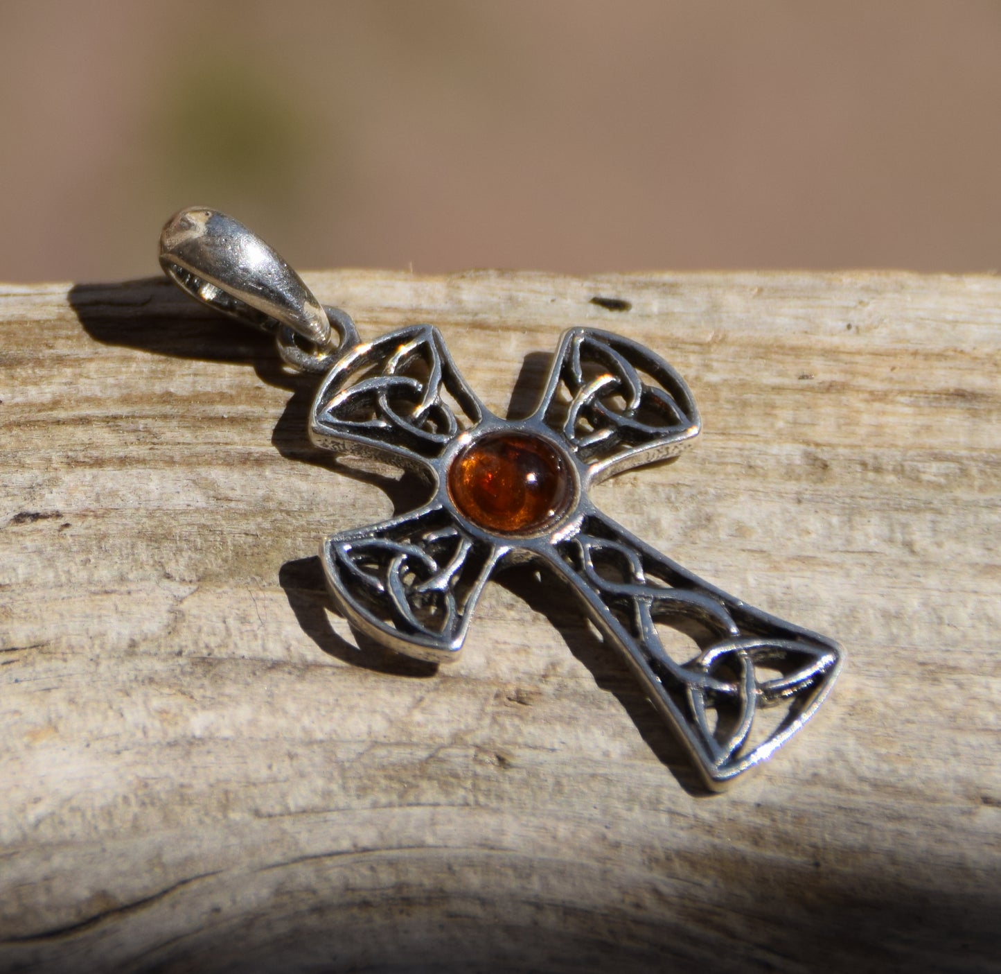 Cognac-colored natural Amber and 925 Sterling Silver Celtic cross pendant, MJ Baltica, BW258