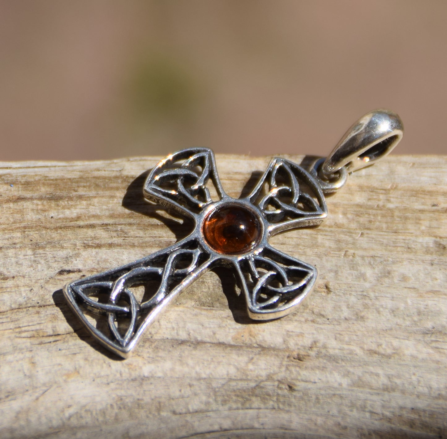 Cognac-colored natural Amber and 925 Sterling Silver Celtic cross pendant, MJ Baltica, BW258