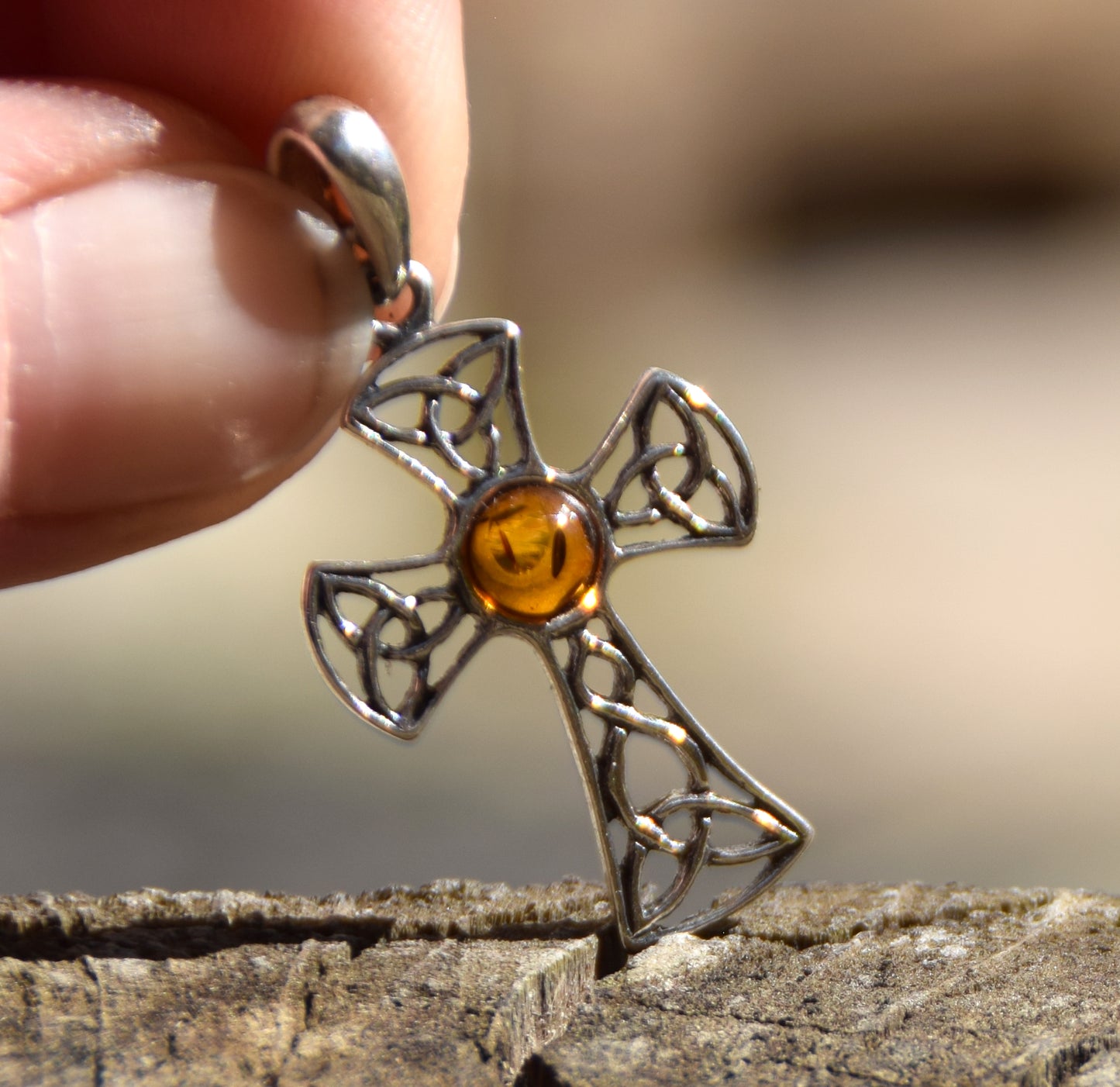 Cognac-colored natural Amber and 925 Sterling Silver Celtic cross pendant, MJ Baltica, BW258