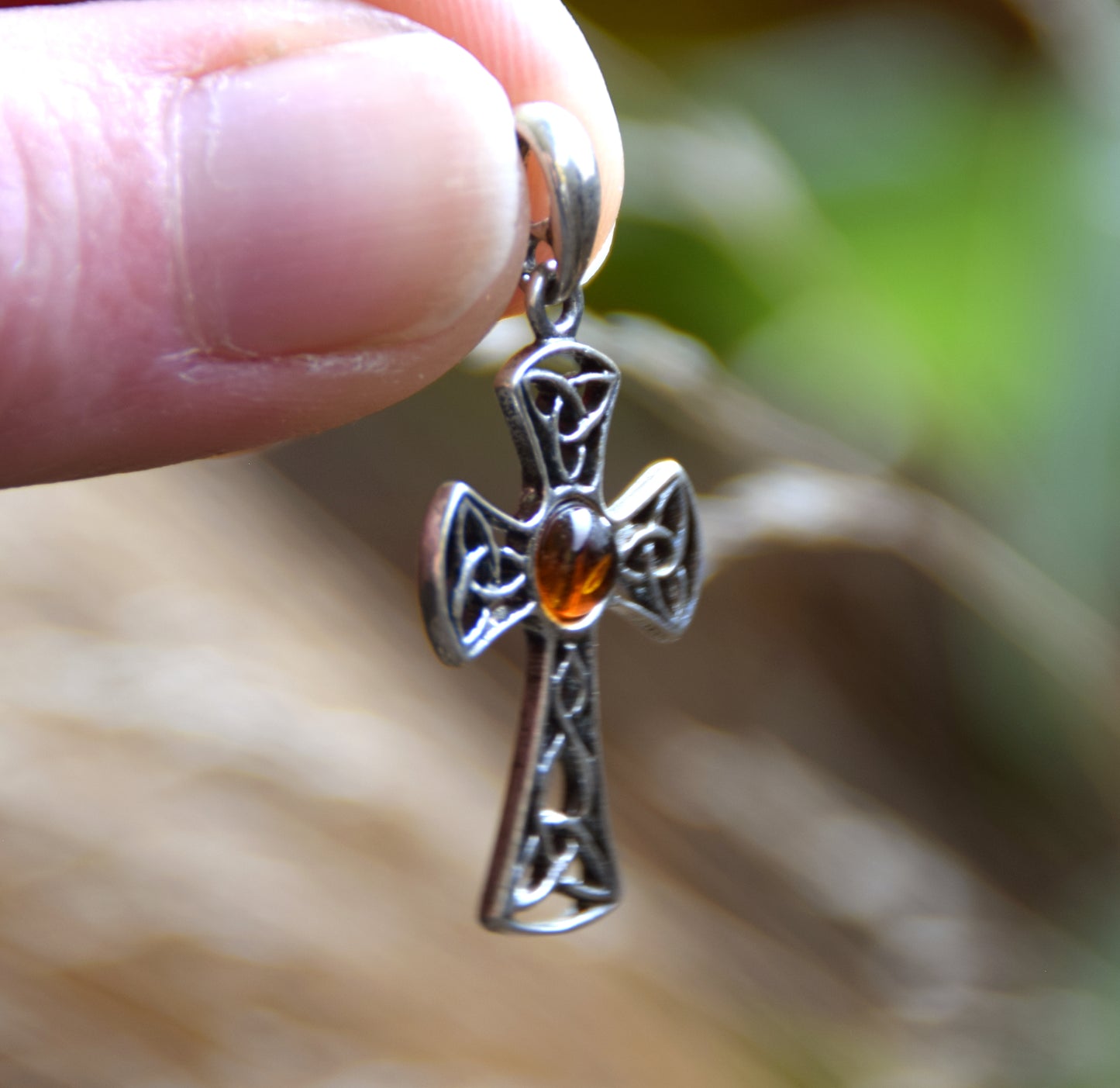 Cognac-colored natural Amber and 925 Sterling Silver Celtic cross pendant, MJ Baltica, BW258