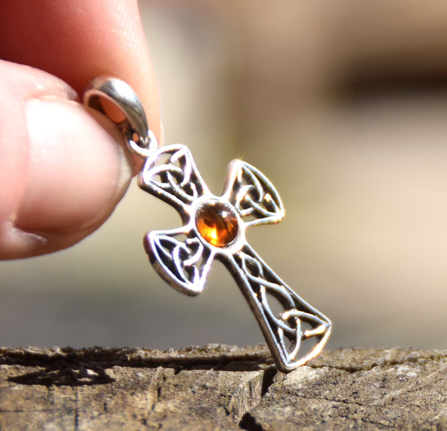 Cognac-colored natural Amber and 925 Sterling Silver Celtic cross pendant, MJ Baltica, BW258
