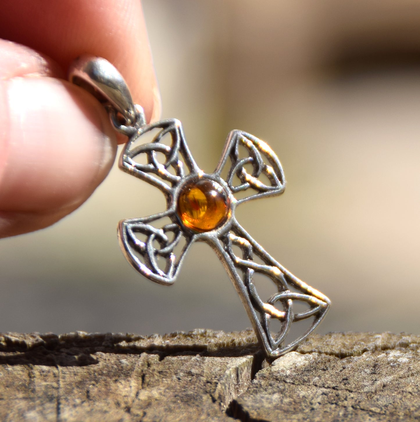 Cognac-colored natural Amber and 925 Sterling Silver Celtic cross pendant, MJ Baltica, BW258
