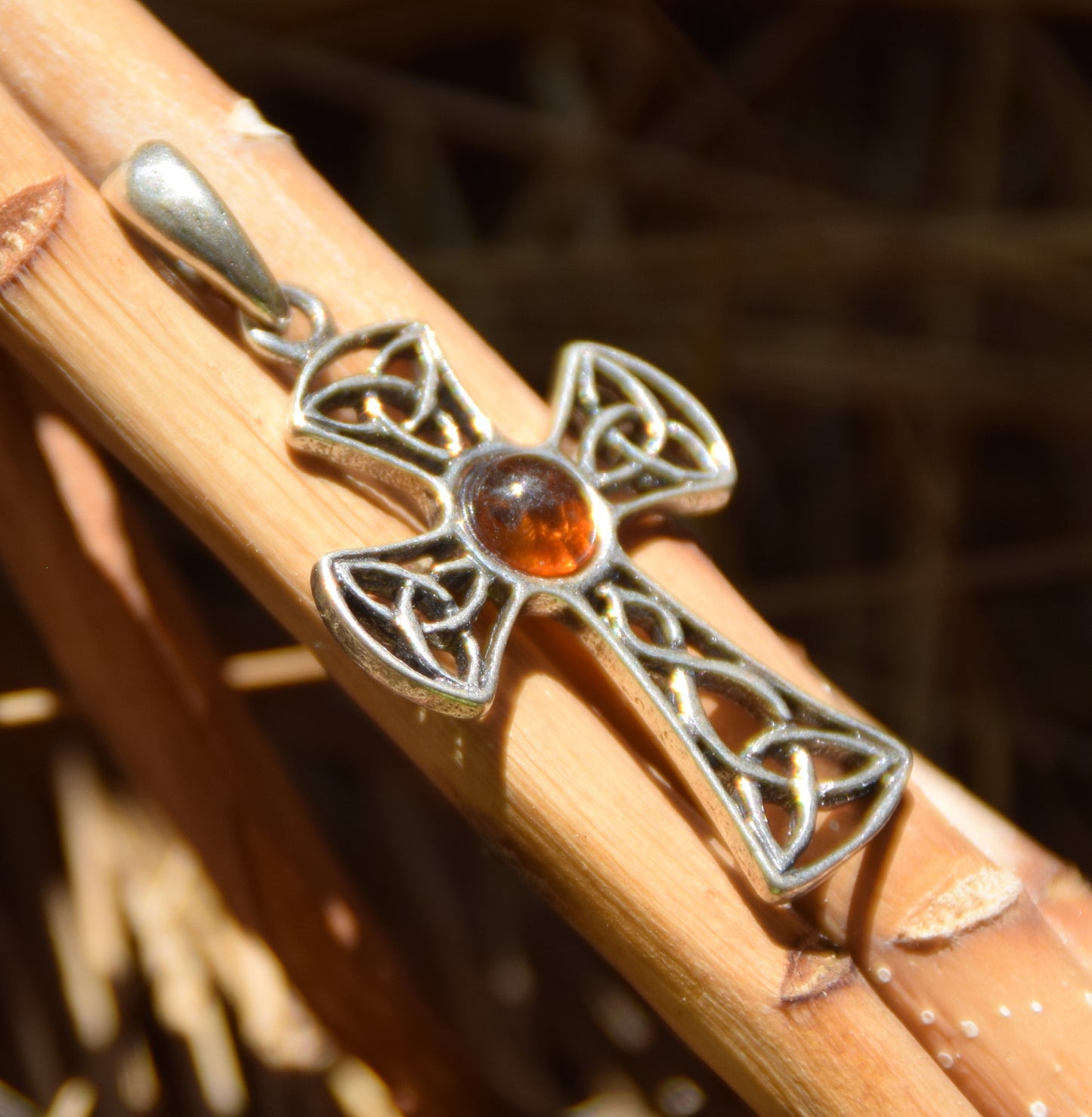 Cognac-colored natural Amber and 925 Sterling Silver Celtic cross pendant, MJ Baltica, BW258