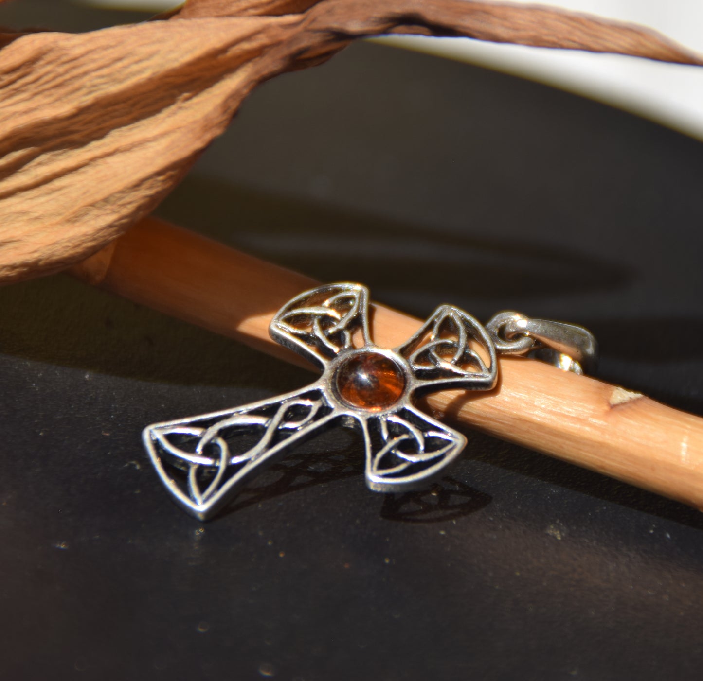 Cognac-colored natural Amber and 925 Sterling Silver Celtic cross pendant, MJ Baltica, BW258