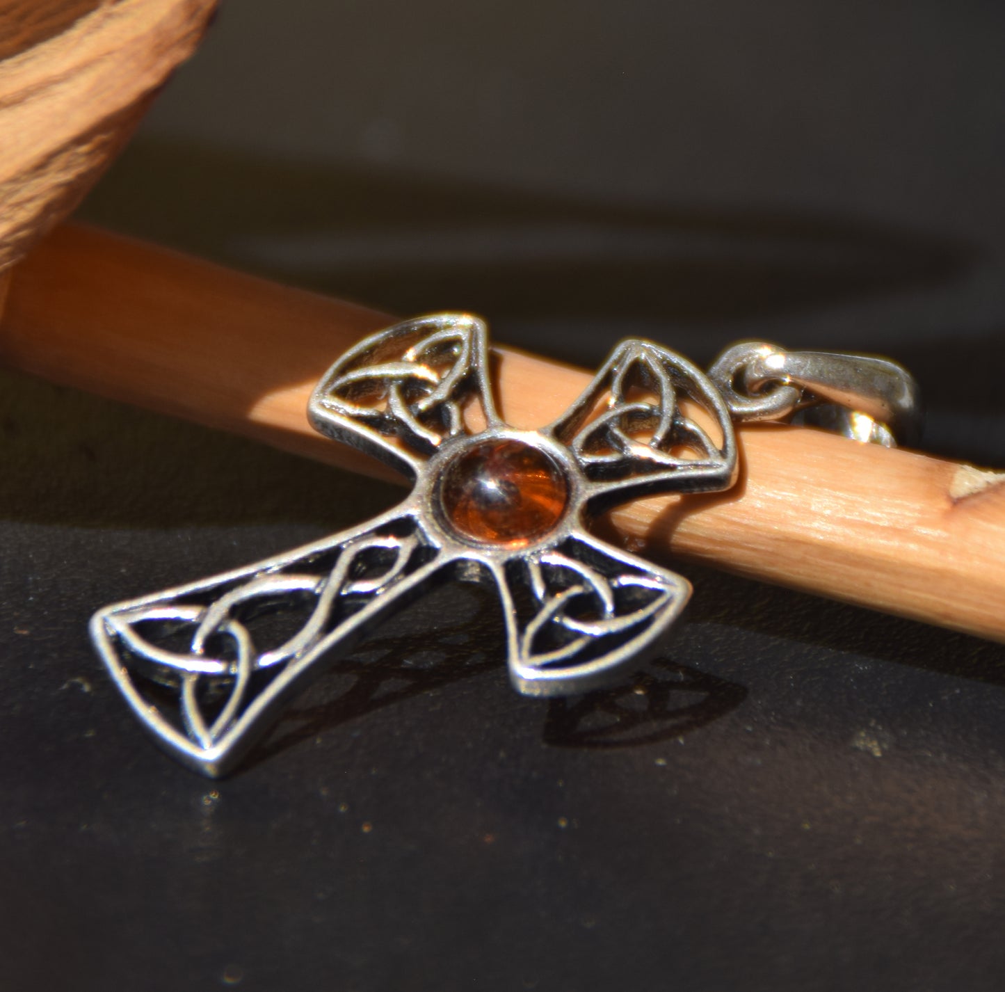 Cognac-colored natural Amber and 925 Sterling Silver Celtic cross pendant, MJ Baltica, BW258