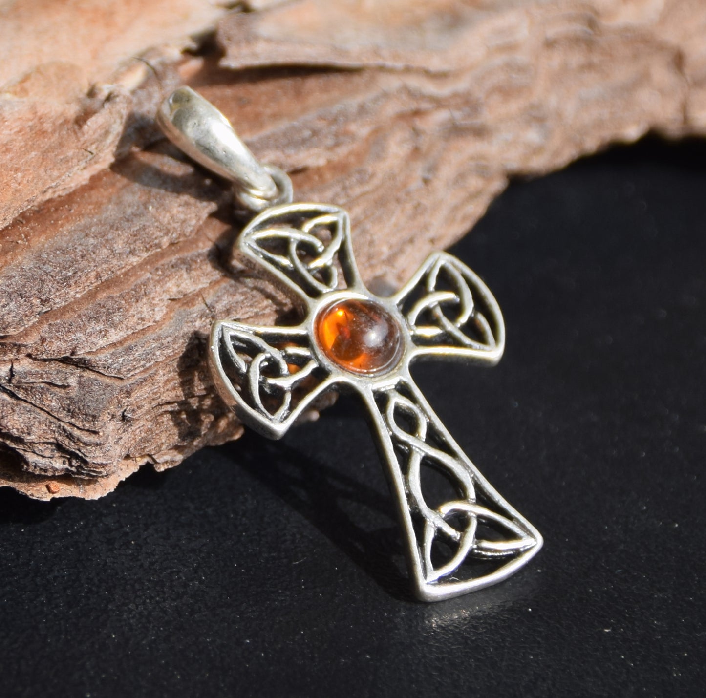 Cognac-colored natural Amber and 925 Sterling Silver Celtic cross pendant, MJ Baltica, BW258