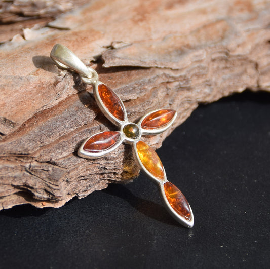 Delicate cross-shaped pendant in natural Amber of various shades and 925 Silver, MJ Baltica, BW259