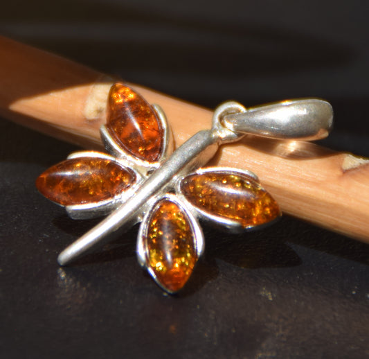 Lightweight pendant with a butterfly in natural cognac-colored Amber and 925 Silver, MJ Baltica, BW260