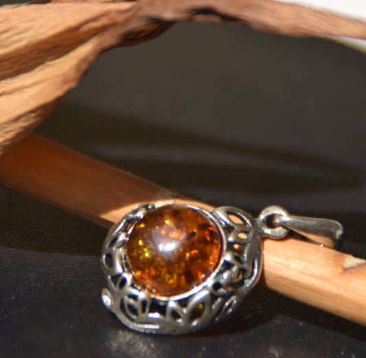 Elegant round pendant with natural cognac amber and 925 sterling silver, MJ Baltica, BW261