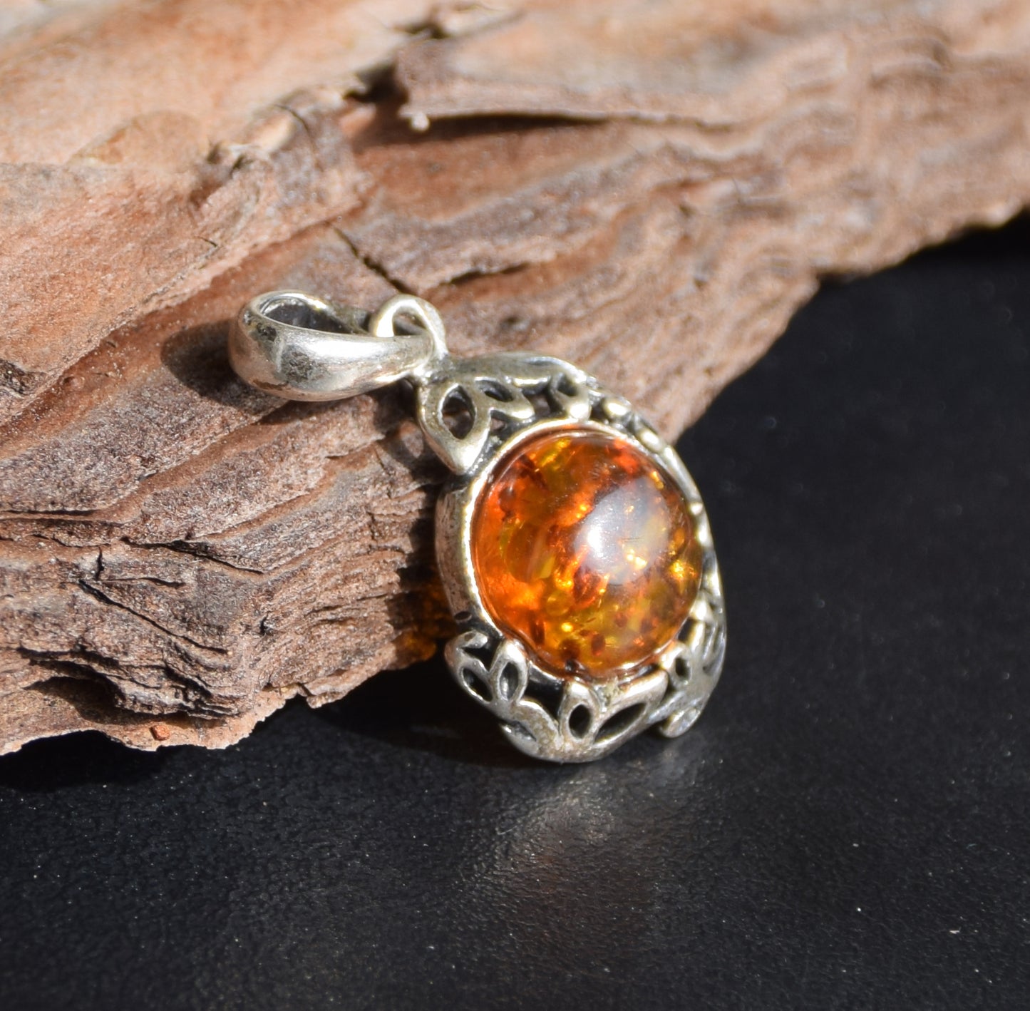 Elegant round pendant with natural cognac amber and 925 sterling silver, MJ Baltica, BW261