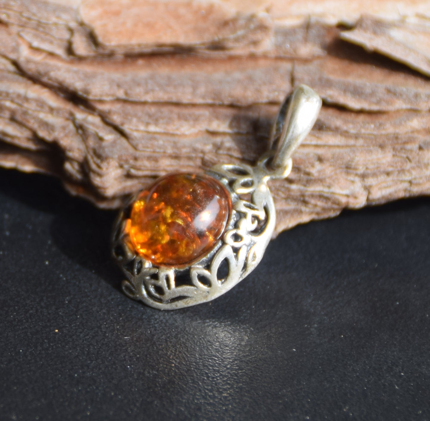 Elegant round pendant with natural cognac amber and 925 sterling silver, MJ Baltica, BW261