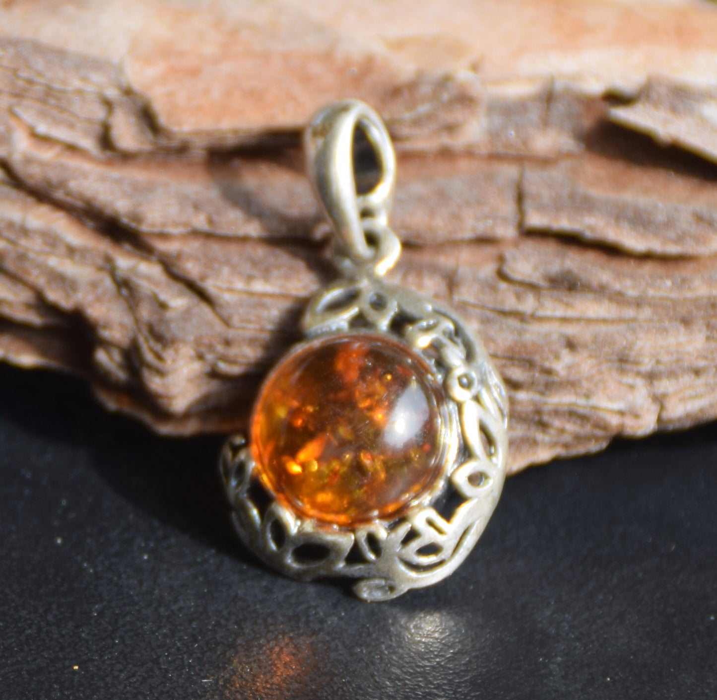 Elegant round pendant with natural cognac amber and 925 sterling silver, MJ Baltica, BW261