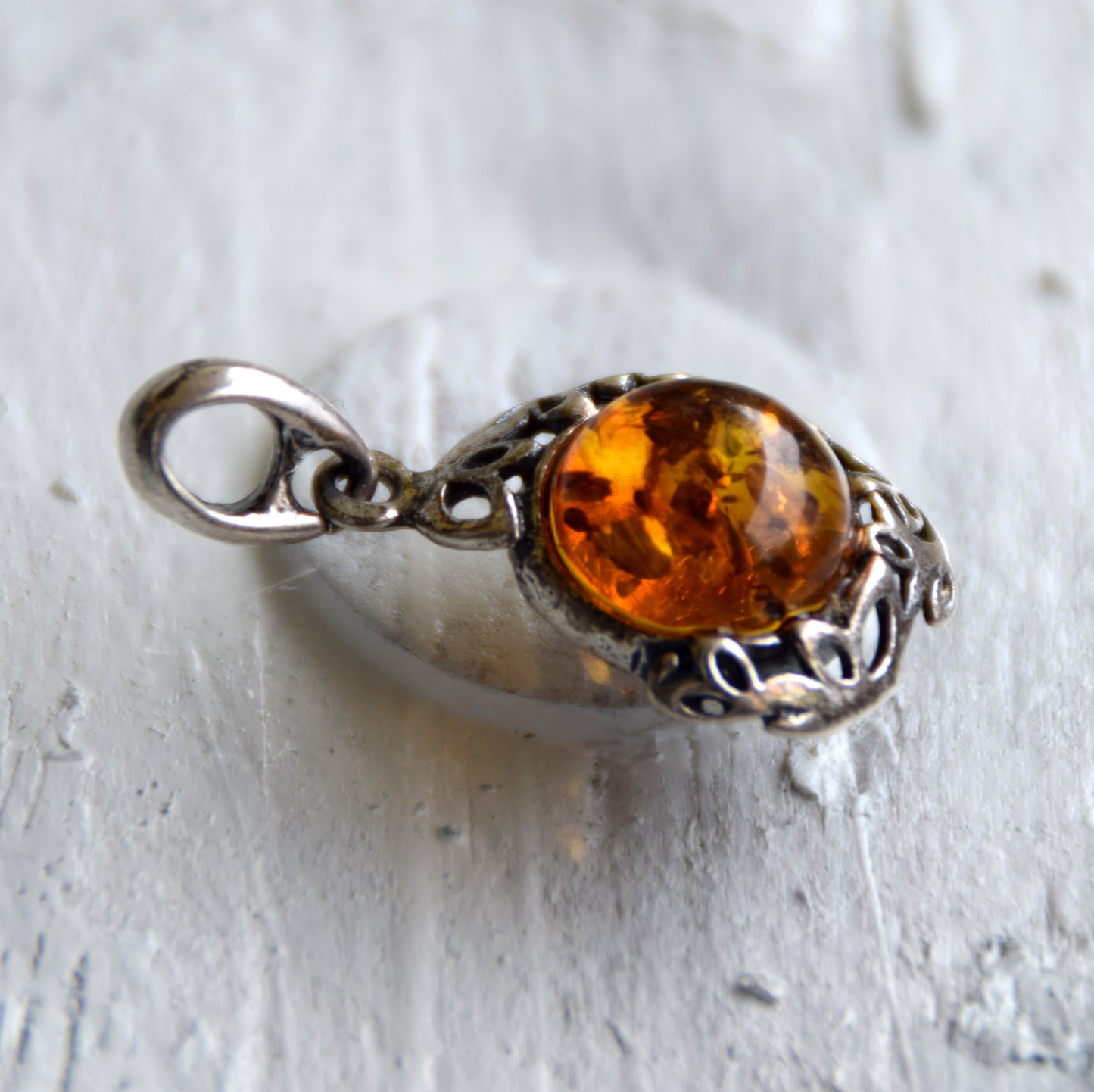 Elegant round pendant with natural cognac amber and 925 sterling silver, MJ Baltica, BW261