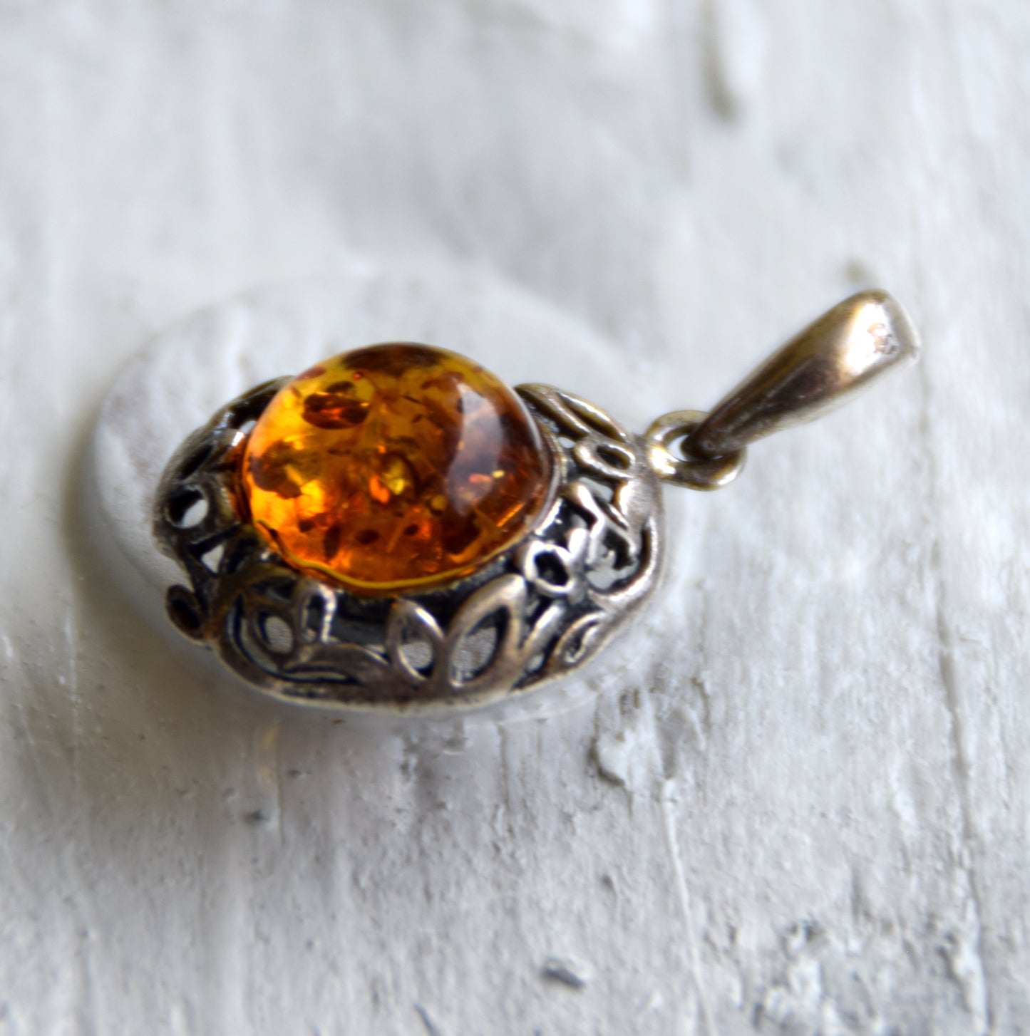 Elegant round pendant with natural cognac amber and 925 sterling silver, MJ Baltica, BW261