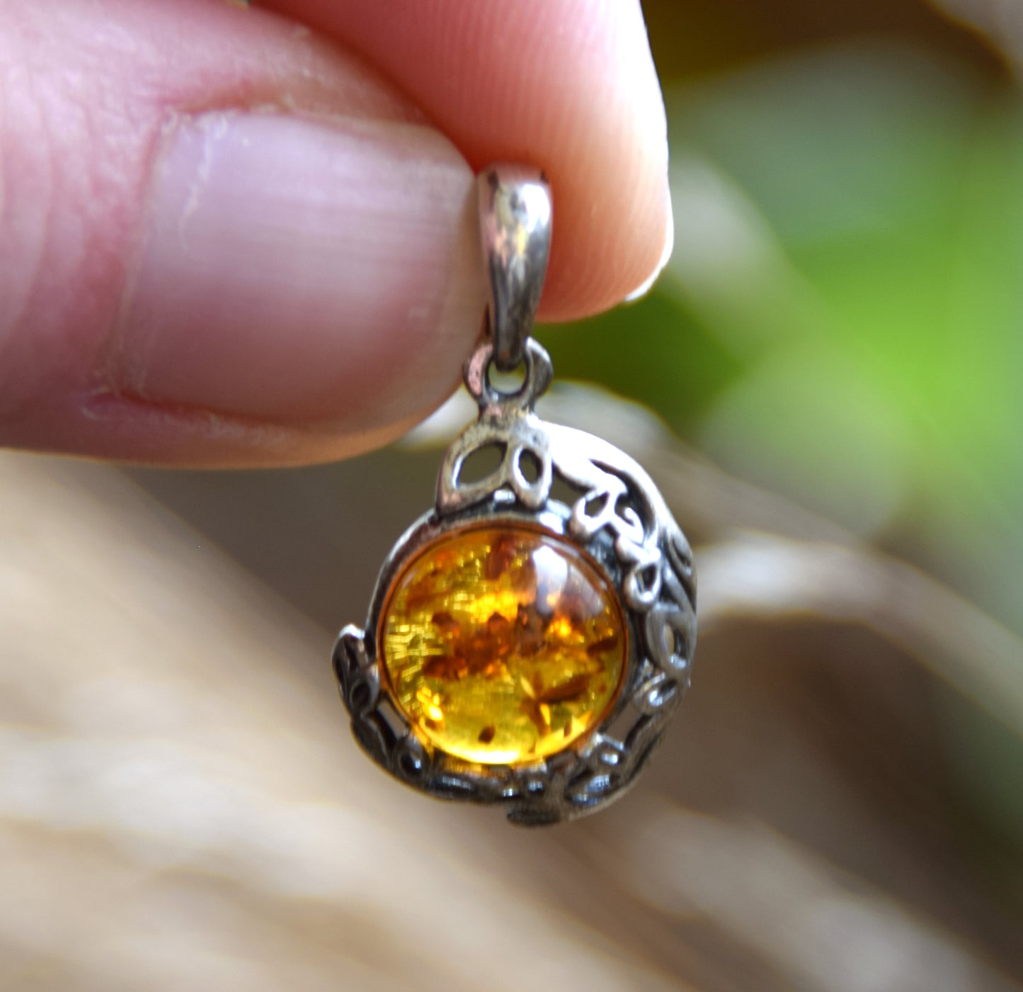 Elegant round pendant with natural cognac amber and 925 sterling silver, MJ Baltica, BW261