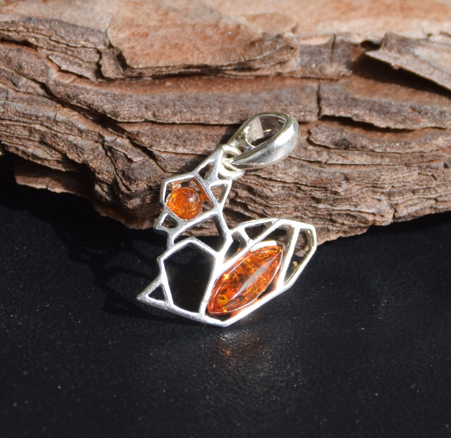 Delicate pendant with small squirrel in natural cognac-colored Amber and 925 Silver, MJ Baltica, BW262