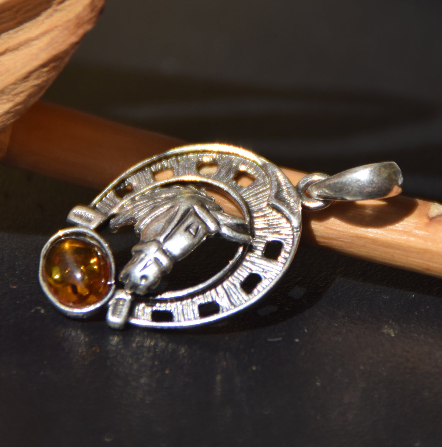 Horseshoe lucky charm pendant with natural cognac amber and 925 silver, MJ Baltica, BW263