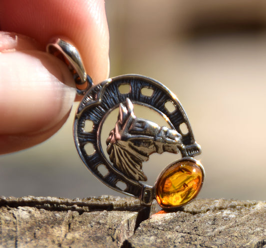 Horseshoe lucky charm pendant with natural cognac amber and 925 silver, MJ Baltica, BW263