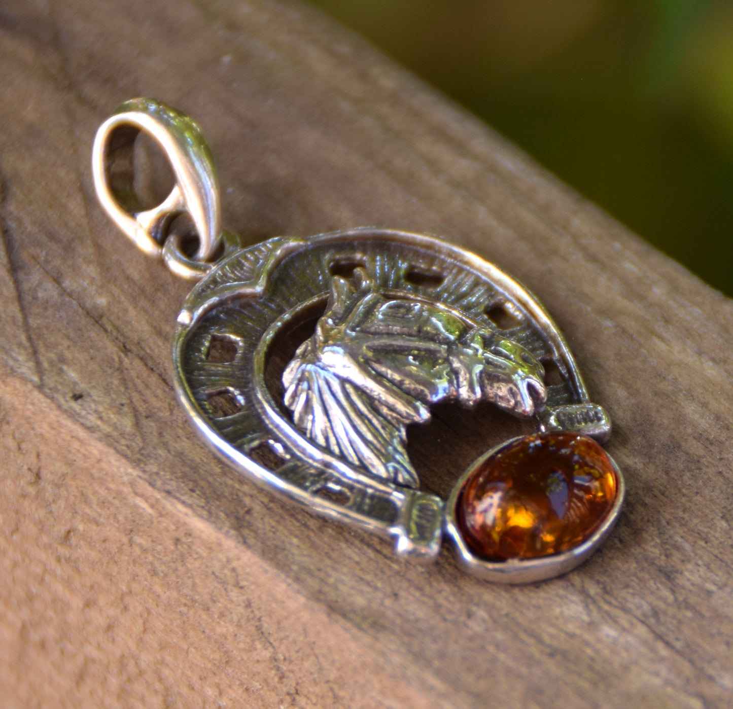 Horseshoe lucky charm pendant with natural cognac amber and 925 silver, MJ Baltica, BW263