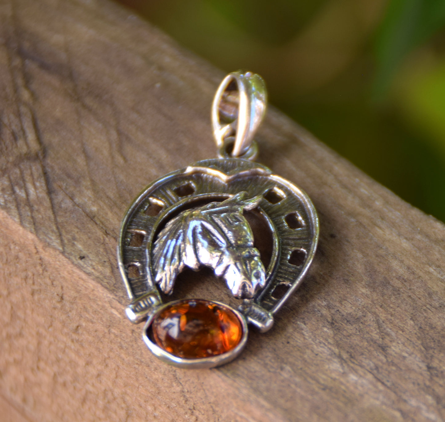 Horseshoe lucky charm pendant with natural cognac amber and 925 silver, MJ Baltica, BW263