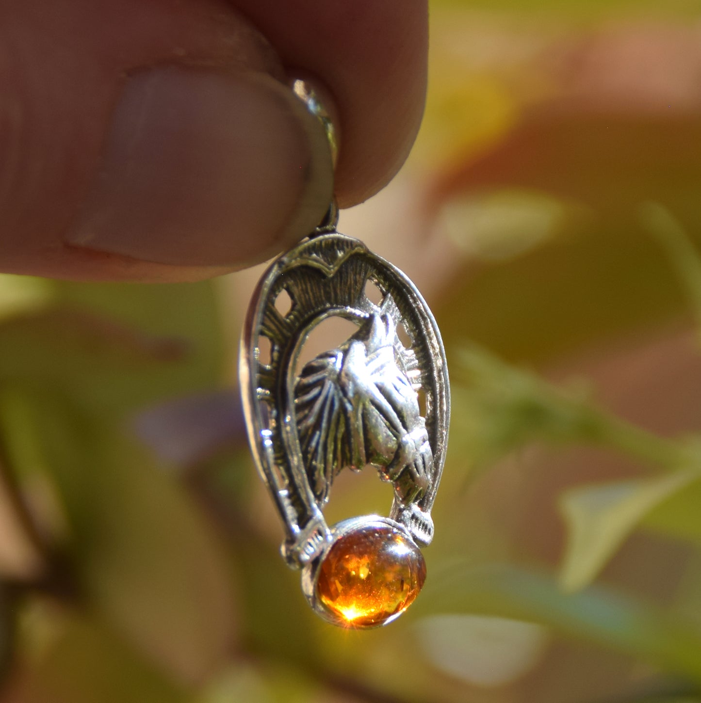 Horseshoe lucky charm pendant with natural cognac amber and 925 silver, MJ Baltica, BW263
