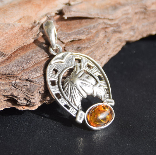 Horseshoe lucky charm pendant with natural cognac amber and 925 silver, MJ Baltica, BW263