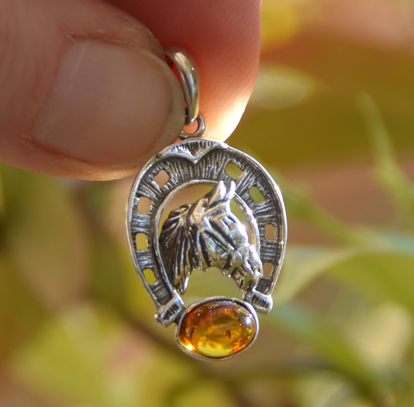 Horseshoe lucky charm pendant with natural cognac amber and 925 silver, MJ Baltica, BW263