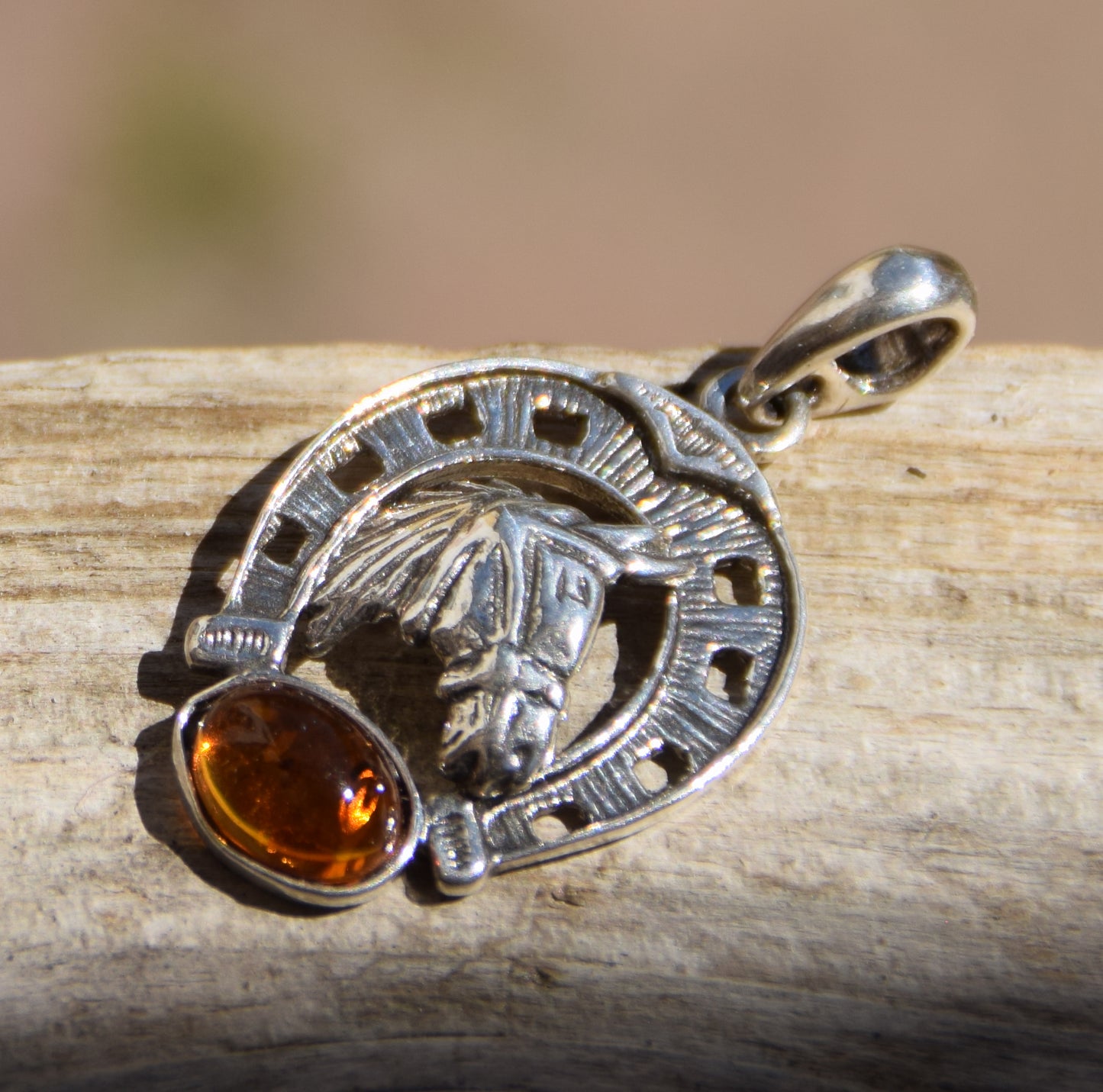 Horseshoe lucky charm pendant with natural cognac amber and 925 silver, MJ Baltica, BW263