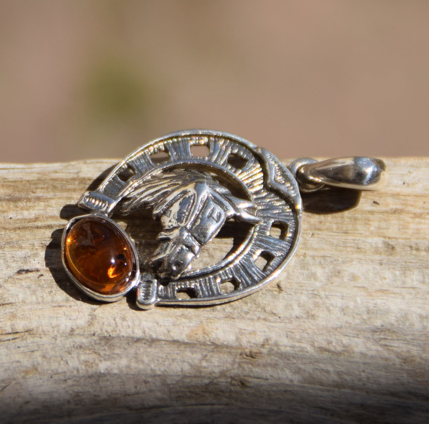 Horseshoe lucky charm pendant with natural cognac amber and 925 silver, MJ Baltica, BW263