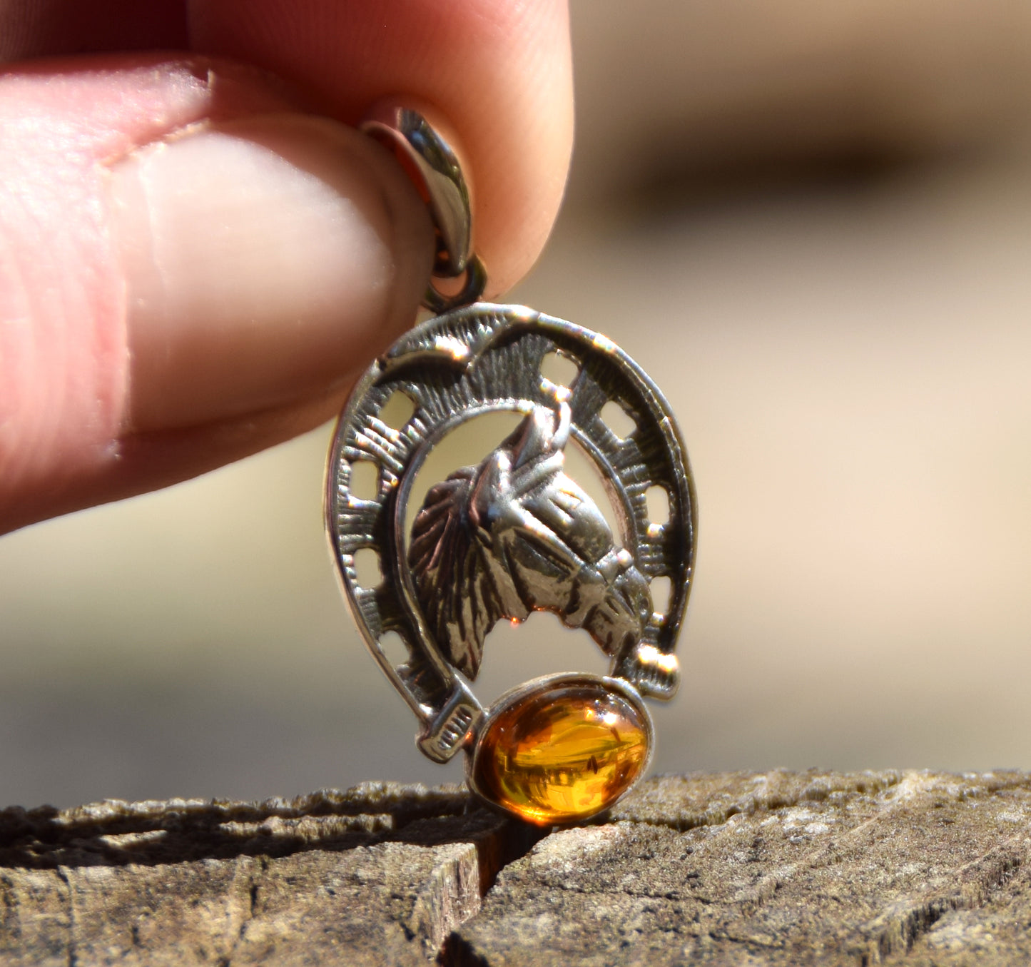 Horseshoe lucky charm pendant with natural cognac amber and 925 silver, MJ Baltica, BW263
