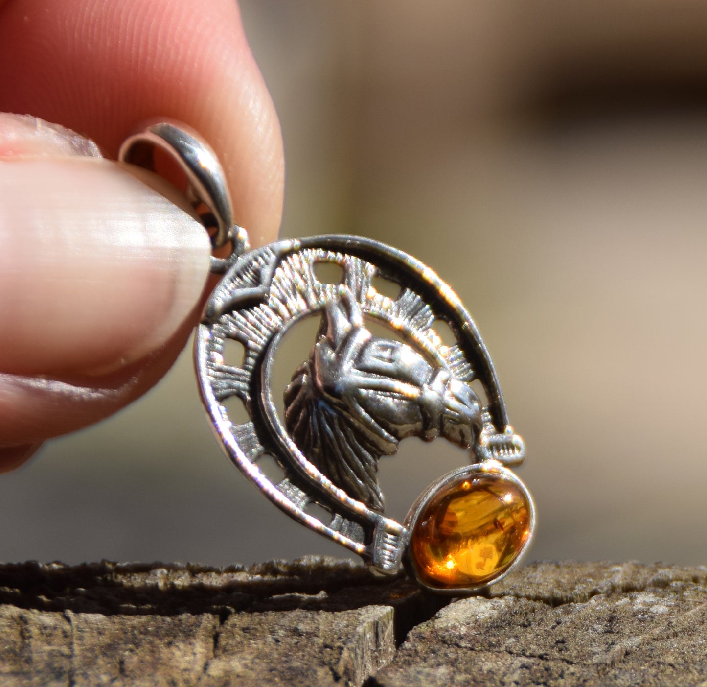 Horseshoe lucky charm pendant with natural cognac amber and 925 silver, MJ Baltica, BW263