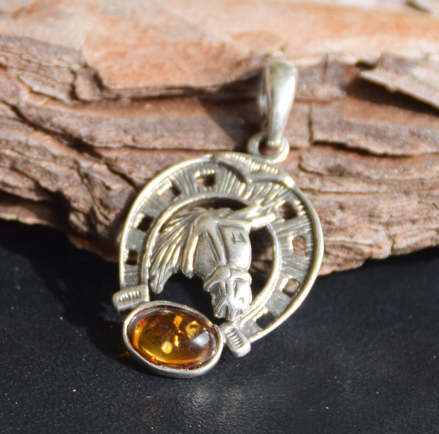 Horseshoe lucky charm pendant with natural cognac amber and 925 silver, MJ Baltica, BW263