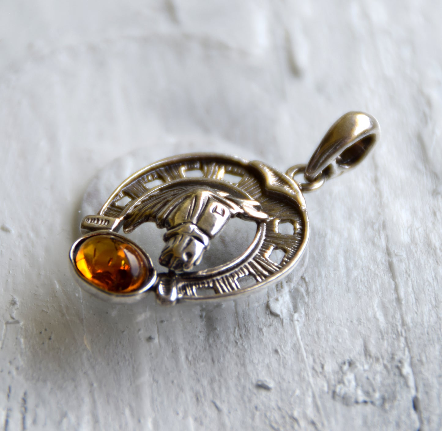 Horseshoe lucky charm pendant with natural cognac amber and 925 silver, MJ Baltica, BW263