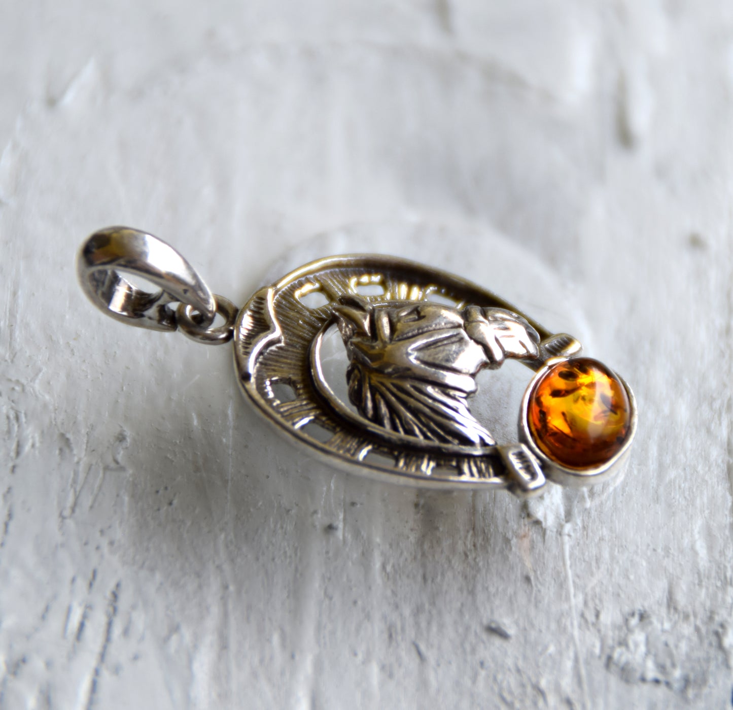 Horseshoe lucky charm pendant with natural cognac amber and 925 silver, MJ Baltica, BW263
