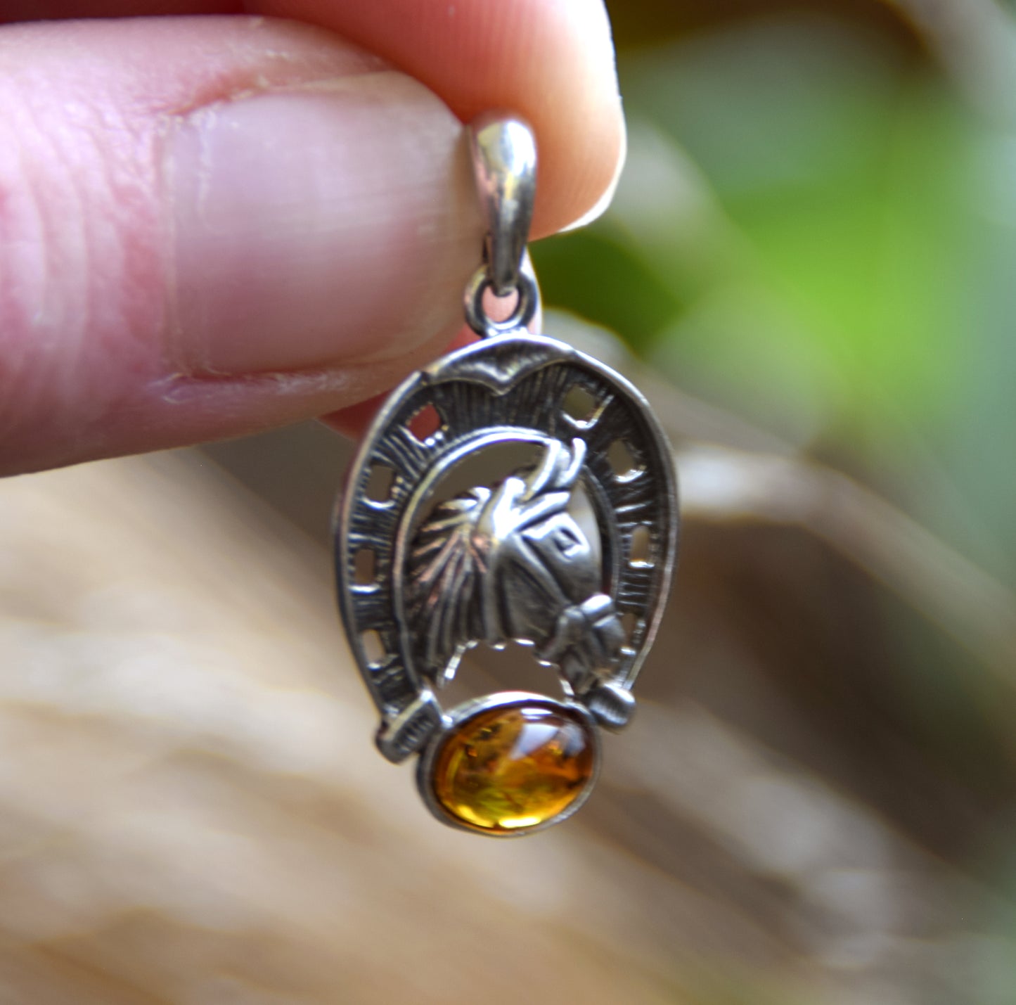 Horseshoe lucky charm pendant with natural cognac amber and 925 silver, MJ Baltica, BW263