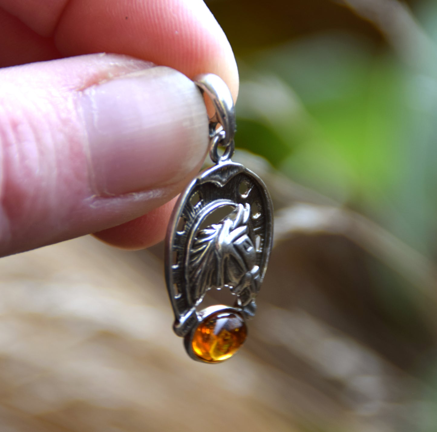 Horseshoe lucky charm pendant with natural cognac amber and 925 silver, MJ Baltica, BW263