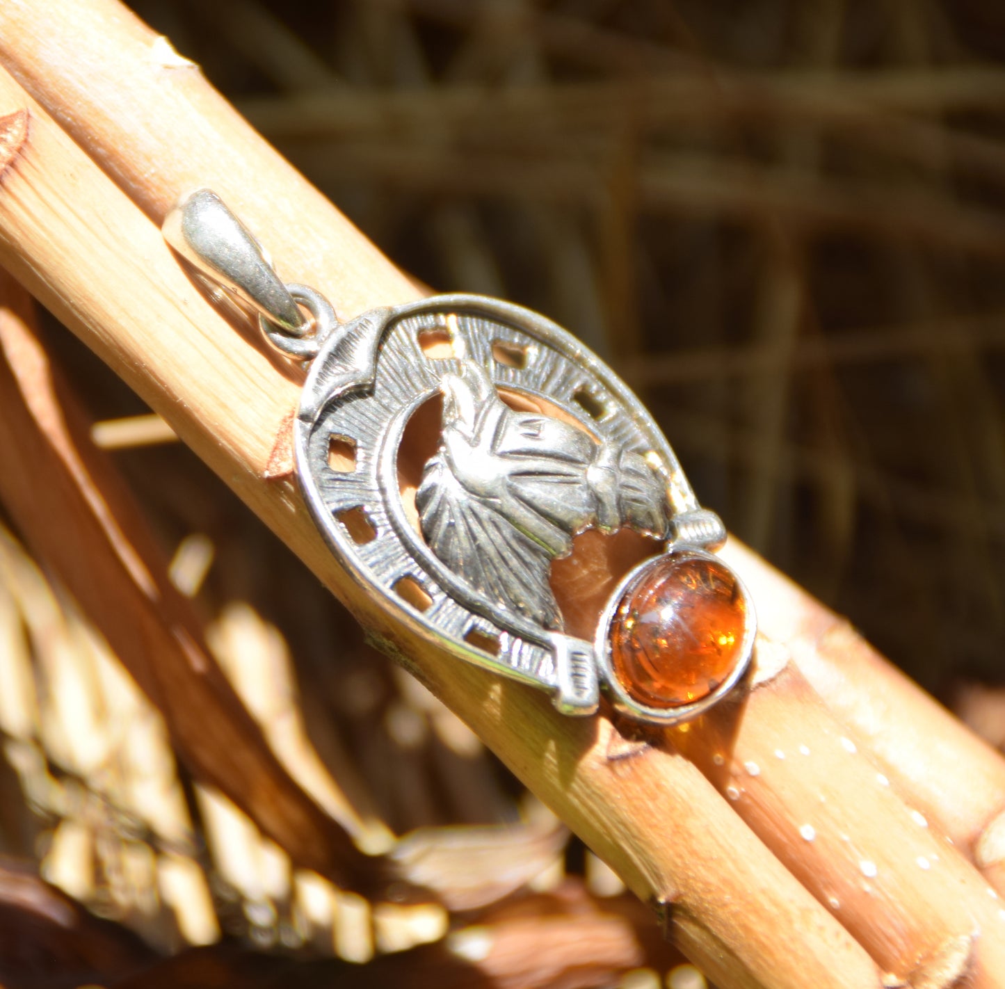 Horseshoe lucky charm pendant with natural cognac amber and 925 silver, MJ Baltica, BW263