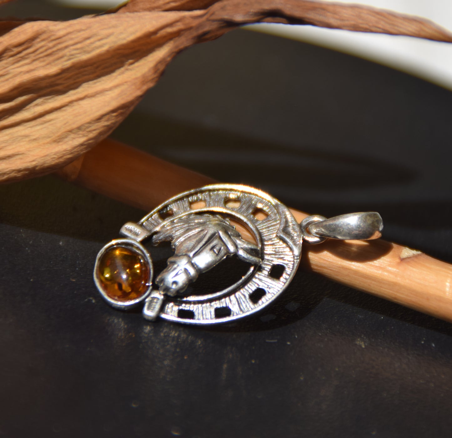 Horseshoe lucky charm pendant with natural cognac amber and 925 silver, MJ Baltica, BW263