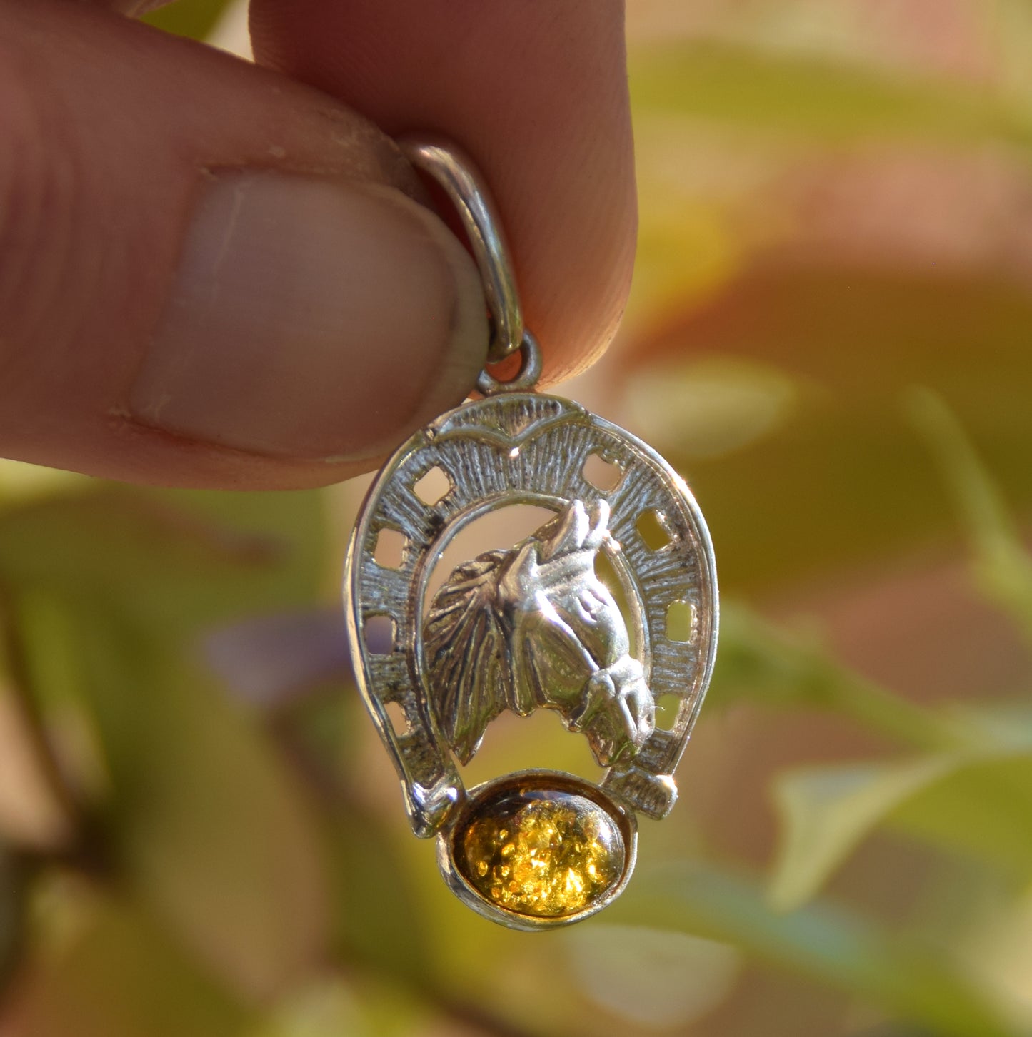 Lucky horseshoe pendant in natural green amber and 925 sterling silver, MJ Baltica, BW264